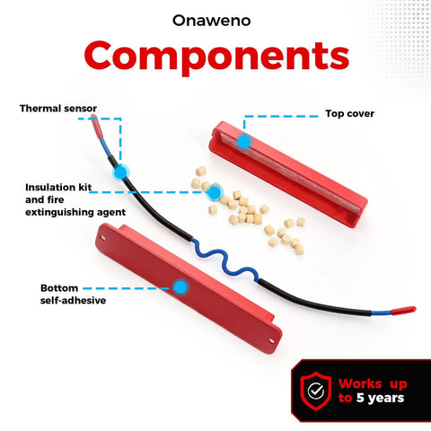 Components of Compact Automatic Fire Extinguisher With Heat Activated Snap Fit Mount for Electrical Panels, including thermal sensor and insulation kit.