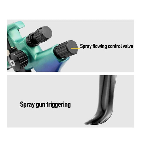 Close-up of Professional Pneumatic HVP Spray Gun With 1.3 Mm Nozzle and 600 Ml Cup showing control knobs and trigger mechanism.