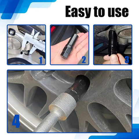 Four-step process using 7 Spline Lug Nut Socket Wheel Lock Key Replacement For Aftermarket Lug Nuts, close-up view