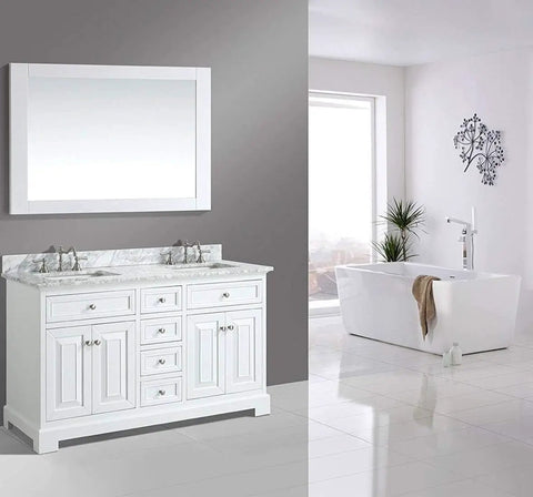 Modern bathroom with white vanity, marble countertop, and mirrored cabinet, adjacent to a freestanding bathtub and window view.