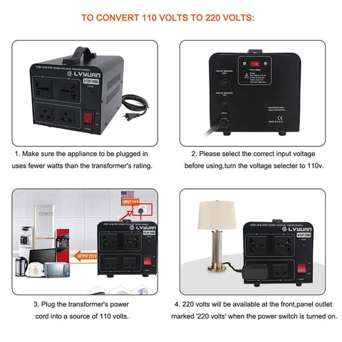 1500W Voltage Transformer Converter For Easy Power Up Or Down With 2 US Outlets And 2 Universal Sockets in instructional guide