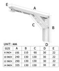Triangular Bracket 2 Pack Wall Mounted Shelf Support For Bench Table Hidden Kitchen Storage Hardware Heavy Duty Stainless Steel Brackets For DIY Shelving And Furniture Projects with dimensions chart.