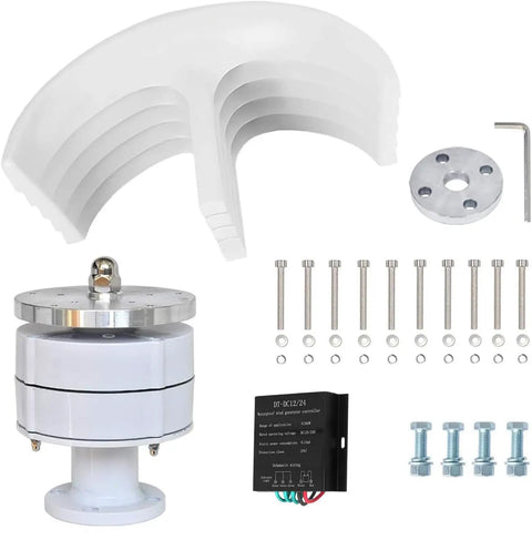 Vertical Lantern Wind Turbine Generator Kit With Controller, 4000W-6000W Output, 24V System, 5 Blade Design, pieces shown