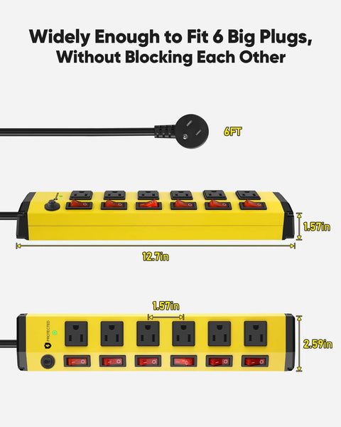 Heavy Duty Power Strip With Individual Switches Six Outlet Metal Workhorse Surge Protector 1200 Joules Flat Plug Design