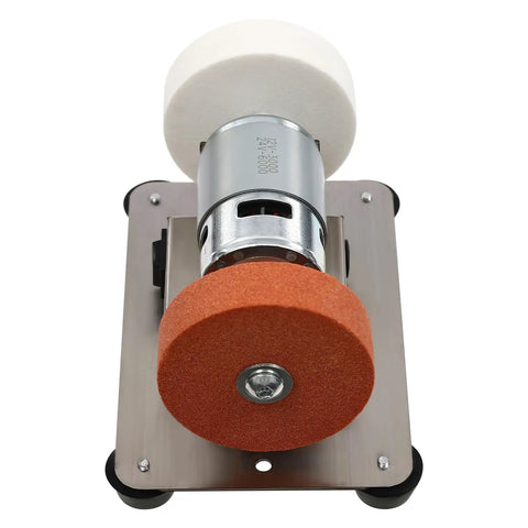 Mini Electric Belt Sander And Knife Sharpener Loaded With A Kickass 96W Brushless Motor Chugging 6000 RPM top view of the motor and sanding wheels.