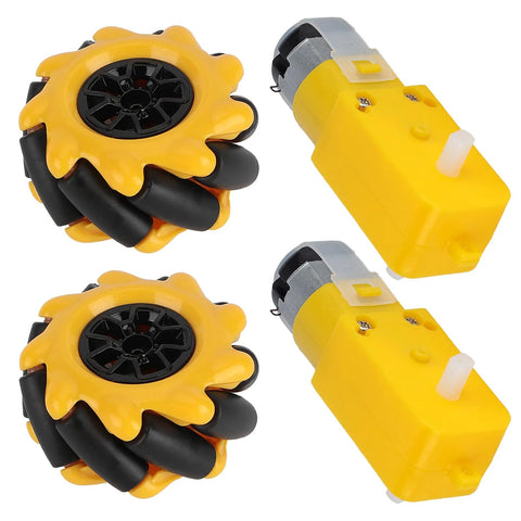 Mecanum wheels with TT motors set of 4, yellow and black, rubber-coated, 1.9-inch diameter