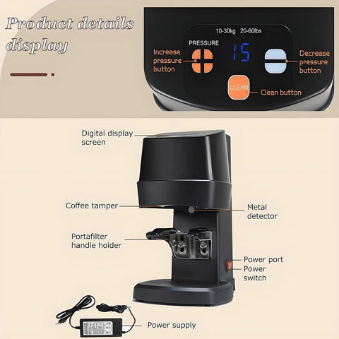 Electric Espresso Tamper With Adjustable Pressure And Height Featuring Smart Standby Mode And Included Cleaning Brush showing digital display and components.