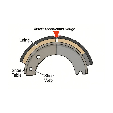 Diagram showing shoe web, shoe table, and lining area for Solid No Sweat Brake Pad Thickness Gauge With Clear One Sixteenth Markings For Fast Vehicle Inspections And Accurate Lining Or Drum Wear Checks Without Pulling Wheels Off.