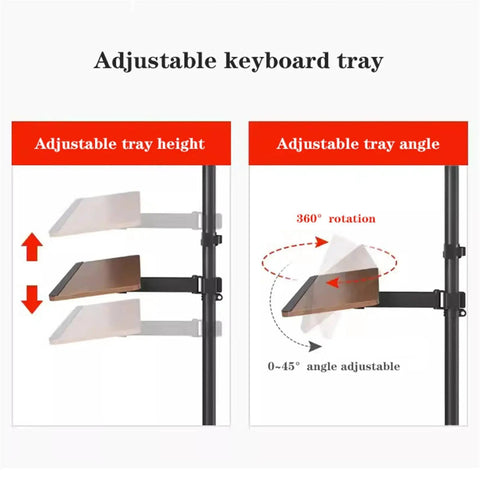 Adjustable keyboard tray showcasing height and angle adjustments for better ergonomics with Level Up Your Daily Grind With This Dual Monitor Gas Spring Stand Featuring Height Adjustable Rolling Base Smooth Swivel Arms And Integrated Keyboard Tray For 14 To 43 Inch Displays.