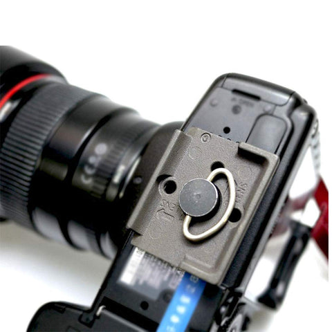 Pack Of 2 Quick Release Plates With One Quarter Inch Screw For RC2 Rapid Connect System on camera base, close-up view