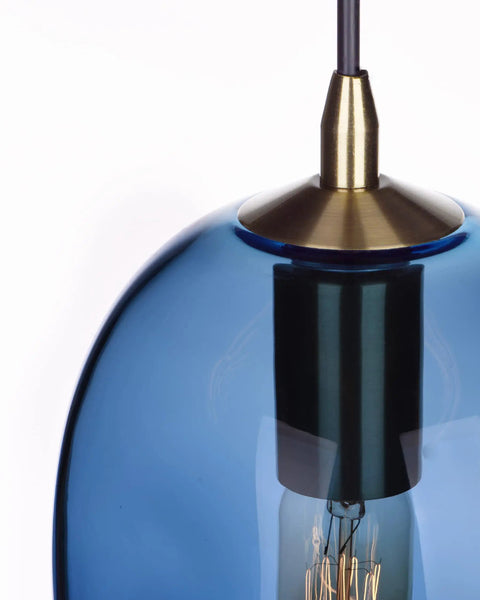 Close-up of Dope Capri Blue Glass Pendant Lights Hand Blown Organic Globe With Gold Accents For Kitchen Island Ceiling Fixtures 8 Inch Height Set Of 2 Easy Install ETL Certified.