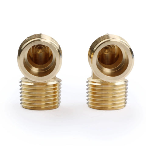 Two brass NPT male elbow fittings, 90-degree street, for plumbing