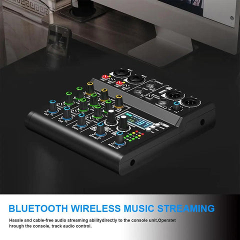 XR4 Pro 4 Channel DJ Mixer With Built In DSP 99 Effects Bluetooth 5.0 USB Recording Karaoke Ready on desk setup