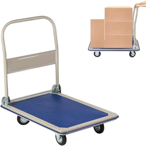 Heavy Duty Folding Platform Truck And Portable Hand Cart For Warehouse Moves Built Tough As Nails To Haul Six Hundred Sixty Pounds No Sweat, blue platform cart with cardboard boxes.