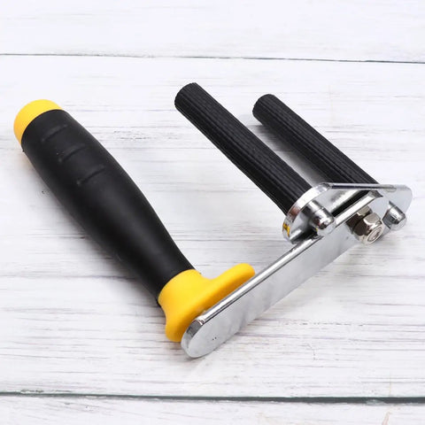 Heavy Duty Gypsum Board Lifter With Widened Alloy Base And Adjustable Angle Design Makes Drywall Installation A Total Snap For Pros Who Need To Haul Plaster Panels Effortlessly And Safely, featuring a black rubber grip handle.
