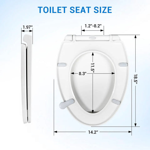 Premium White Elongated Toilet Seat Featuring Soft Close Lid And Touch Free Handle Quiet Closing Design Makes It A Solid Game Changer For Zero Fuss Home Bathrooms dimensions and measurements displayed
