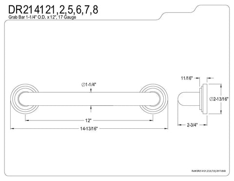 Technical drawing of Milano 12 Inch Grab Bar With 1.25 Inch Diameter Gripping Surface Polished Brass Heavy Duty Solid Brass Construction.