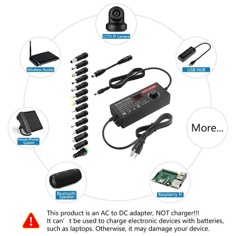 Adjustable DC Power Supply 3.5 to 12V 10A 120W AC to DC Adapter with 14 tips, polarity converter, and product connections for electronics.