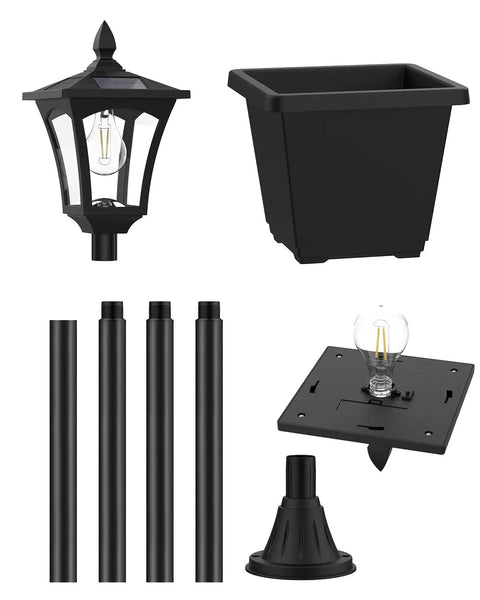 Solar Post Light With Planter 64 Inch Outdoor Garden Lamp parts including planter box and base components