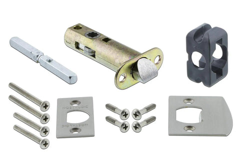 Studio Plate With Homestead Knob Passage Door Hardware Set components, Satin Nickel finish, 2-3/4 in backset, screws and latch included