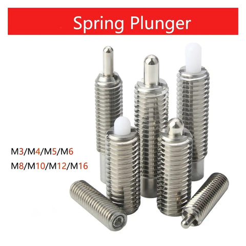 Stainless Steel Long Stroke Plunger With Retractable Spring And Smooth Plastic Head Built Tough For Heavy Duty Trades, six spring plungers displayed.