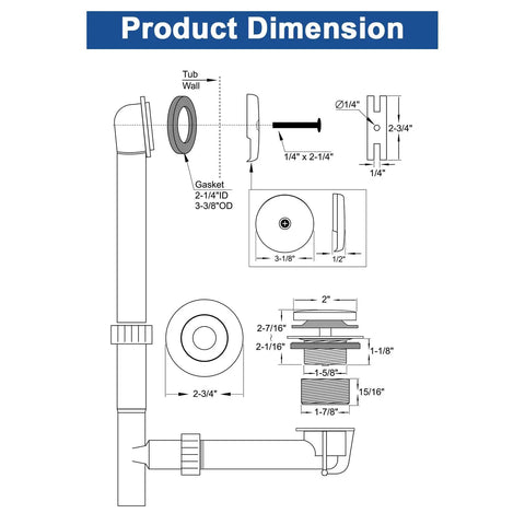 Oil Rubbed Bronze Brass Tub Drain Kit With Overflow for Universal Bathtub Drain dimensions and components illustration