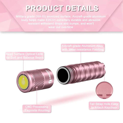 Compact Keychain Flashlight With 120 Lumen Output, 36 Hour Runtime, IPX8 Waterproof, AAA Battery Powered EDC Light shown in parts
