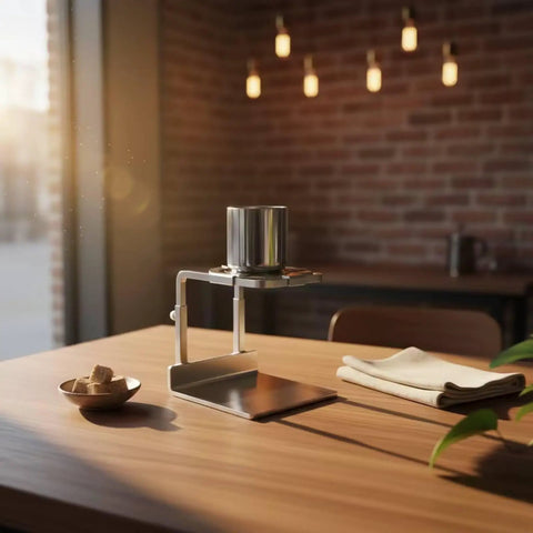 Minimalist Silver Finish Pour Over Coffee Dripper With Solid Metal Base on a wooden table, surrounded by sugar cubes and towels.