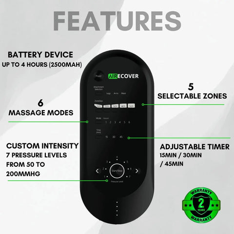 Features of the Professional Cordless Leg Compression Massager with adjustable settings for post workout recovery and muscle relaxation.