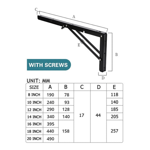 Diagram showing two pack triangle wall brackets with measurements and screws, heavy duty stainless steel foldable for DIY furniture.