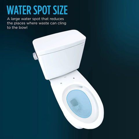Top Shelf Two Piece Elongated Toilet Featuring Universal Height And 1.6 GPF Tornado Flush System For Hassle Free Grime Control And Reliable Everyday Bathroom Comfort In Crisp White with large water spot to minimize waste cling.