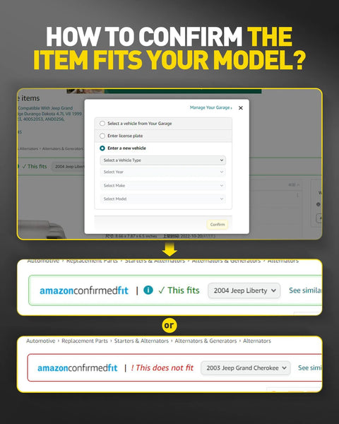 Instructions for confirming item model compatibility on Amazon with vehicle selection examples.