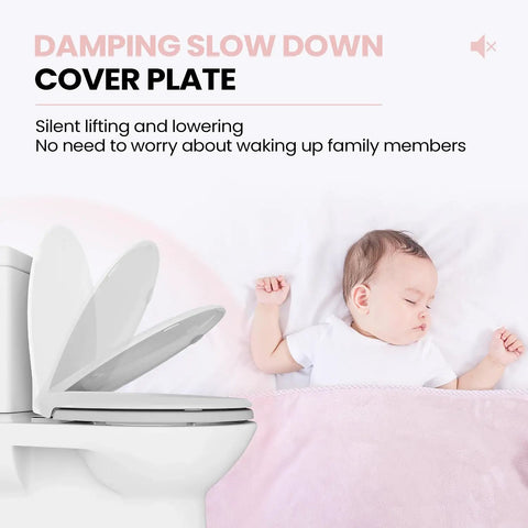 Super Smooth Soft Close Elongated Toilet Seat In Cotton White with visible cover plate gently lowering beside a sleeping baby.