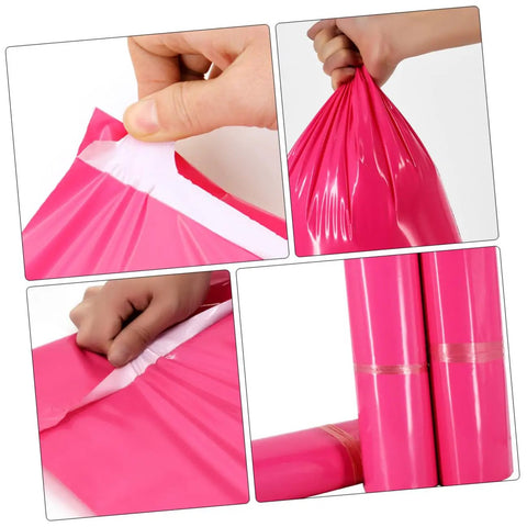 Close-up of thickened waterproof pink poly mailer bags 17x30cm bulk pack of 100 for fast shipping and everyday biz mailing