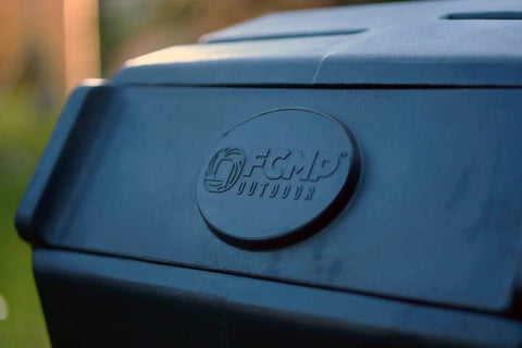 Close-up of 37 Gallon Plastic Single Chamber Rotating Tumbling Compost Bin With Elevated Stand showing front panel logo