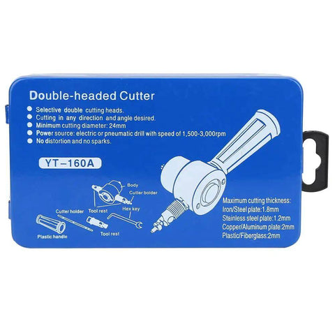 Packaging of Six Piece Double Head Metal Sheet Nibbler Hole Saw Drill Attachment Kit with tool illustration and specifications