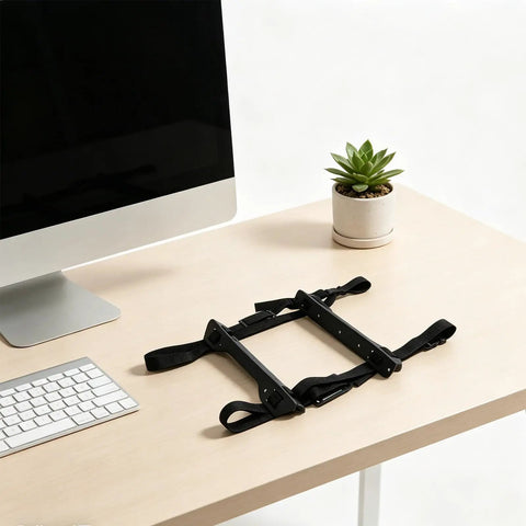 Hella Solid Under Desk Computer Cpu Mount Adjustable Stainless Steel Pc Case Suspension Bracket on light wooden desk with computer.