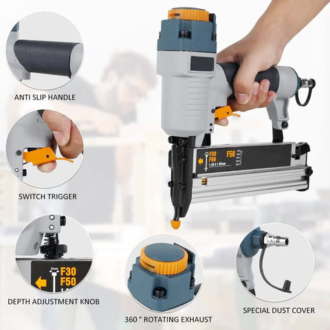 Straight Shooting Pro Level Heavy Duty Pneumatic Air Nailer for Carpentry and Fences with anti-slip handle and depth adjustment