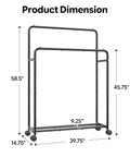 Super Slick Double Tier Garment Rack Built Tough With Heavy Duty Steel Frame And Spacious Bottom Shelf Total Closet Game Changer In Sleek Black Finish Easy Assembly dimensions 58.5" height 39.75" width