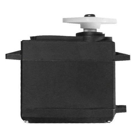 Side view of High Torque Metal Gear Servo With Dual Ball Bearings 3 Pole Motor Built For RC Rigs, compact design in black case.
