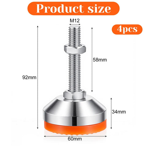 4 Pack Beefy Stainless Steel Leveling Feet, showing 92mm height and 60mm base for stability in industrial use.