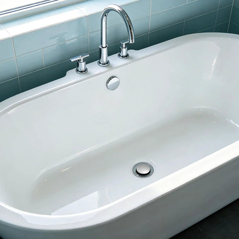 Copper Rotary Bath Tub Stopper with Press Seal for Bathtubs in modern white bathtub with chrome faucet.