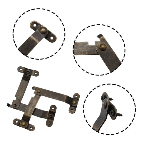 4 Pack Small Antique Brass Lid Folding Support Hinges for Wooden Boxes, Jewelry Cases and Chests, close-up view of hinges