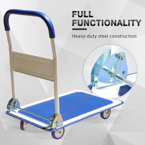 No Sweat Foldable Push Cart Dolly Rocking A Solid 660 Pound Load Rating For Smooth Moving Hauls And Super Compact Portable Trunk Storage In Vivid Blue with heavy-duty steel frame.