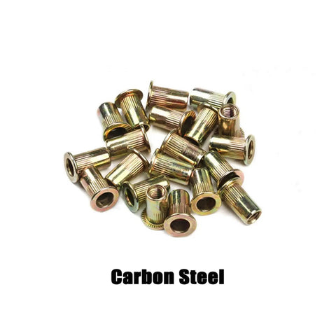 Get These Awesome 10 Pcs Flat Head Threaded Insert Rivet Nuts For Heavy Duty Projects With M6 Size Zinc Plated Carbon Steel Knurled Body For Secure Grip And Non Stop Installation Vibes You Love, showing M6 zinc plated rivet nuts.