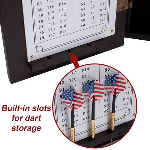 Solid Wood Classic Dartboard Cabinet Set with bristle dartboard, built-in scoreboard, slots for 6 steel tip darts storage, premium brown finish