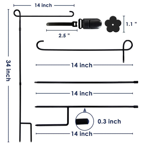 Premium Heavy Duty Garden Flag Holder Stand With Rugged All Weather Metal Flagpole And Secure Clip Included with measurements shown.