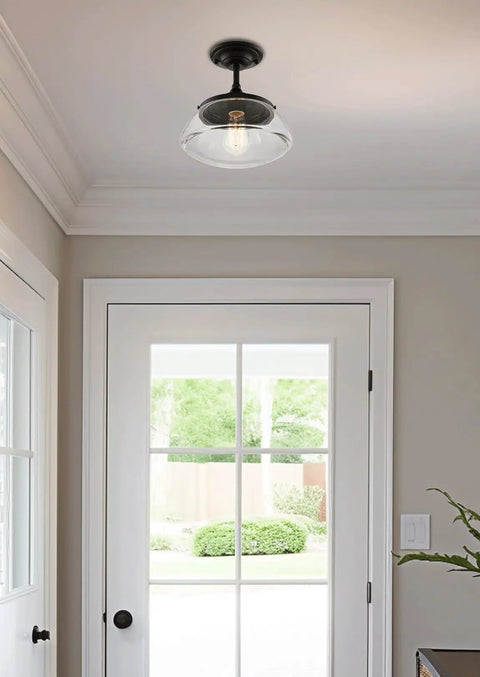 Summit 12 Inch Modern Industrial Farmhouse Semi Flush Mount Ceiling Light With Schoolhouse Glass Shade In Matte Black Finish Go To Bright Ceiling Fixture For Kitchen Hallway Or Living Spaces Rustic Yet Modern installed in a bright entryway scene