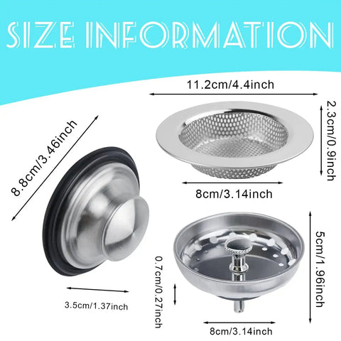 Universal Three In One Kitchen Sink Stopper Strainer Set With Stainless Steel Basket Drain Filter Perforated Sieve dimensions