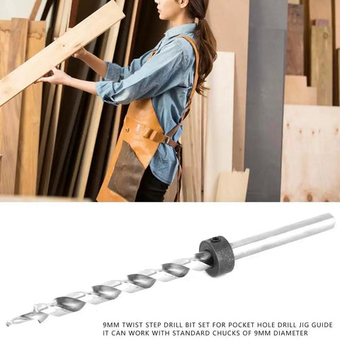 Super Durable 9mm Round Shank Twist Step Drill Bit Set To Make Perfect Pocket Hole Jig Guides For Amazing DIY Projects And Professional Woodworking Skills That Everyone Loves. 9mm steel drill bit with round shank for pocket hole jig guides